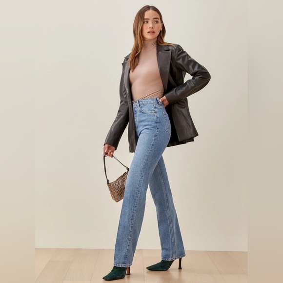 Reformation Cynthia High Rise Straight Long Jeans, Colorado Wash - Picture 1 of 13